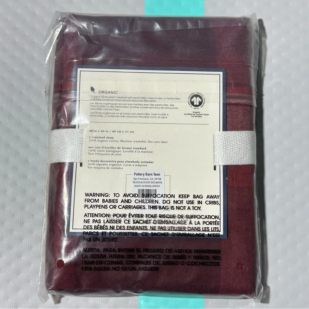 Pottery Barn Teen PB Dorm‎ Trevor Plaid Organic Standard Sham Maroon burgundy